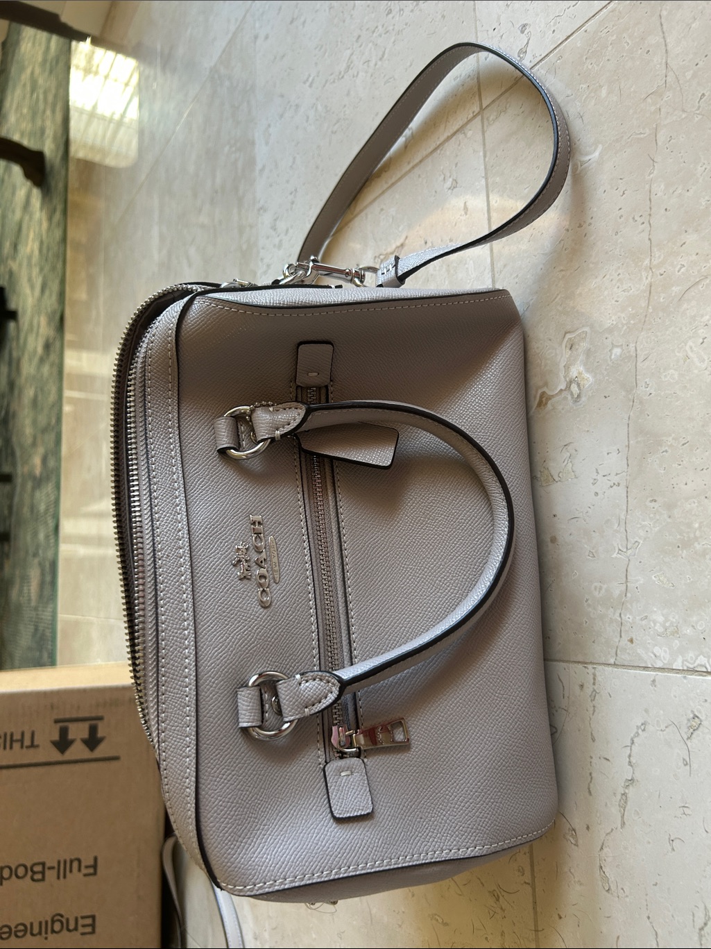 Coach Pebbled Leather Satchel In Light Gray